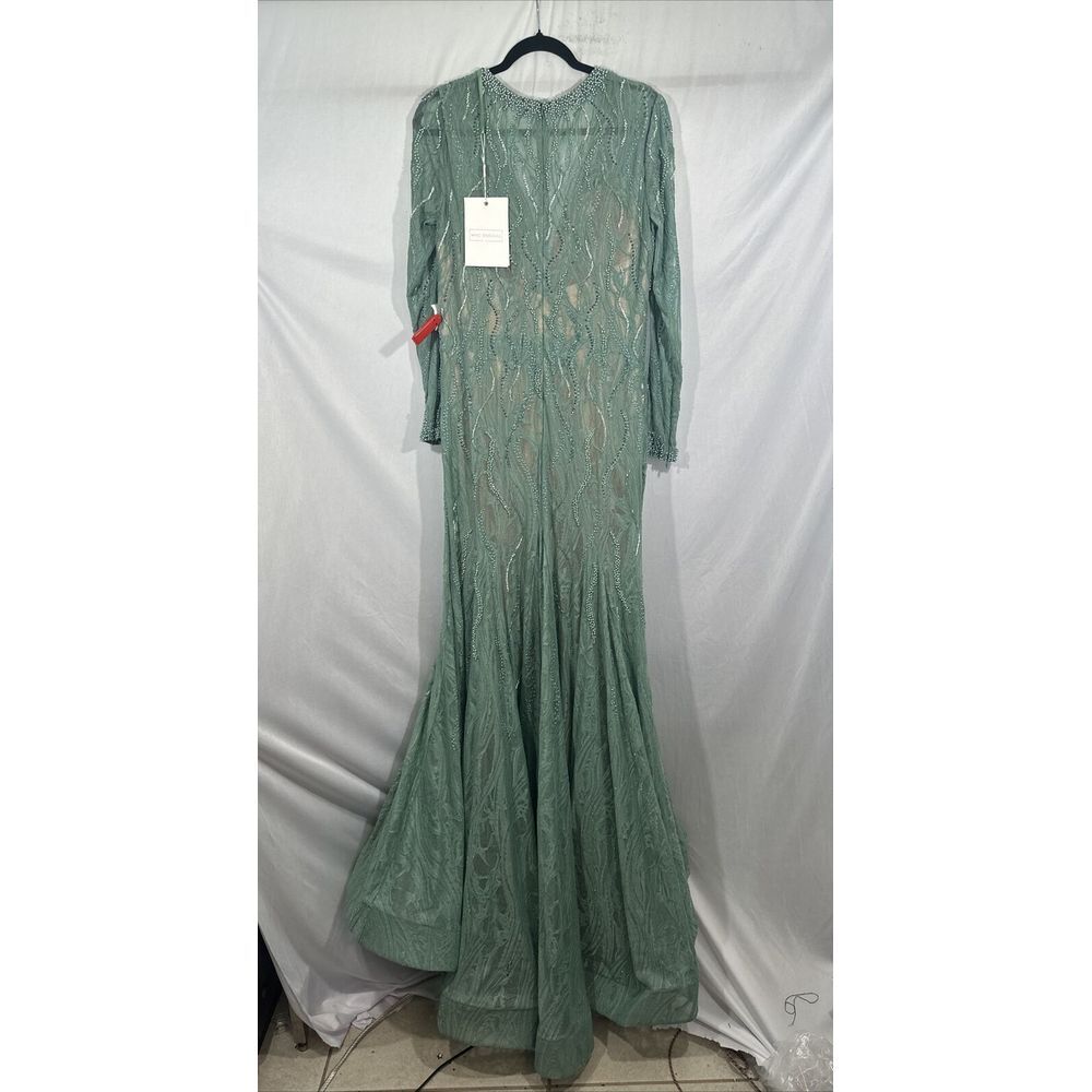 NWT Mac Duggal [ 12 ] 79291 Beaded Lace Long Sleeve Plunge Neck Gown Sage‎ green - Picture 13 of 15